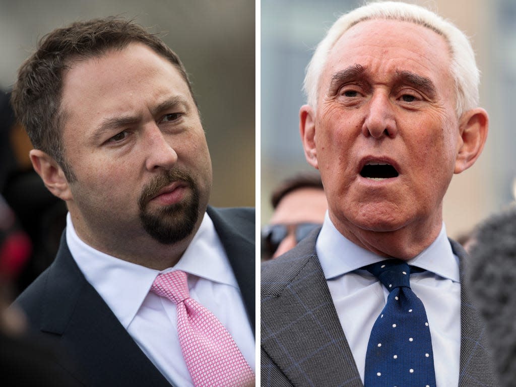 A stitched image of Trump allies Jason Miller and Roger Stone