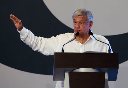 Leftist front-runner Andres Manuel Lopez Obrador, presidential candidate for of the National Regeneration Movement (MORENA), addresses the audience during the Mexican Banking Association's annual convention in Acapulco, Mexico March 9, 2018. REUTERS/Henry Romero