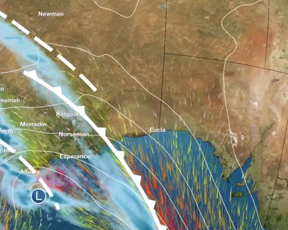 A potentially dangerous cold front is encroaching on south east Australia bringing powerful wind and rain. Source: Bureau of Meteorology 