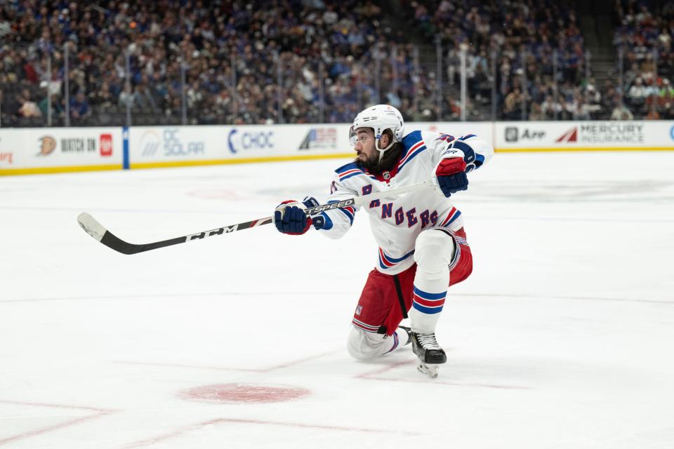 New York Rangers center Mika Zibanejad (93) shoots during the second period of an NHL hockey game against the Anaheim Ducks, Sunday, Jan. 21, 2024, in Anaheim, Calif.