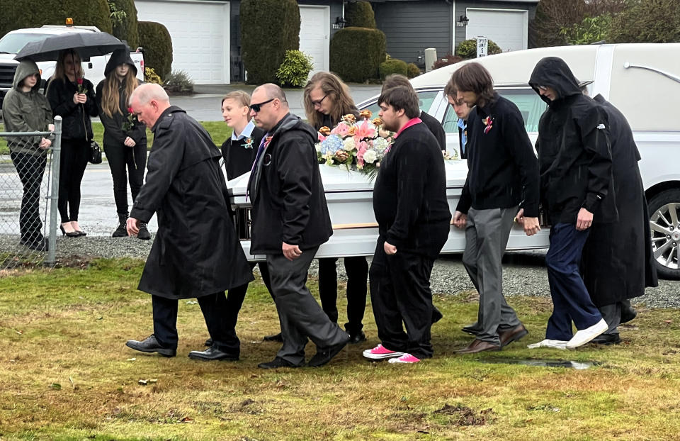 Image: Pallbearers carry Taylor Goodridge's casket at her funeral. (Courtesy the Goodridge family)