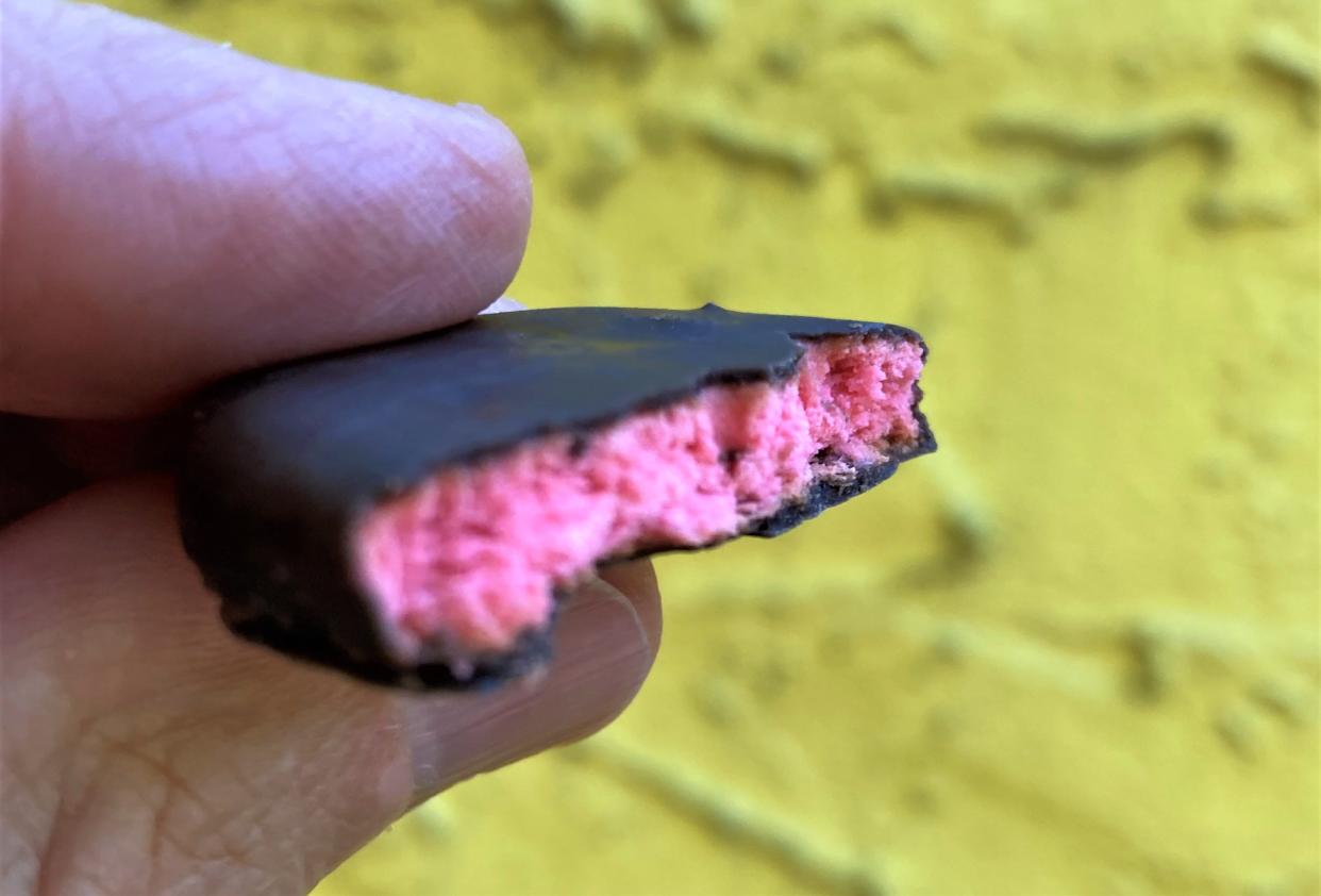 Though at first glance, the new Raspberry Rally might look like a Thin Mint. Take a bite, however, and you will quickly be transported to chocolate raspberry heaven.