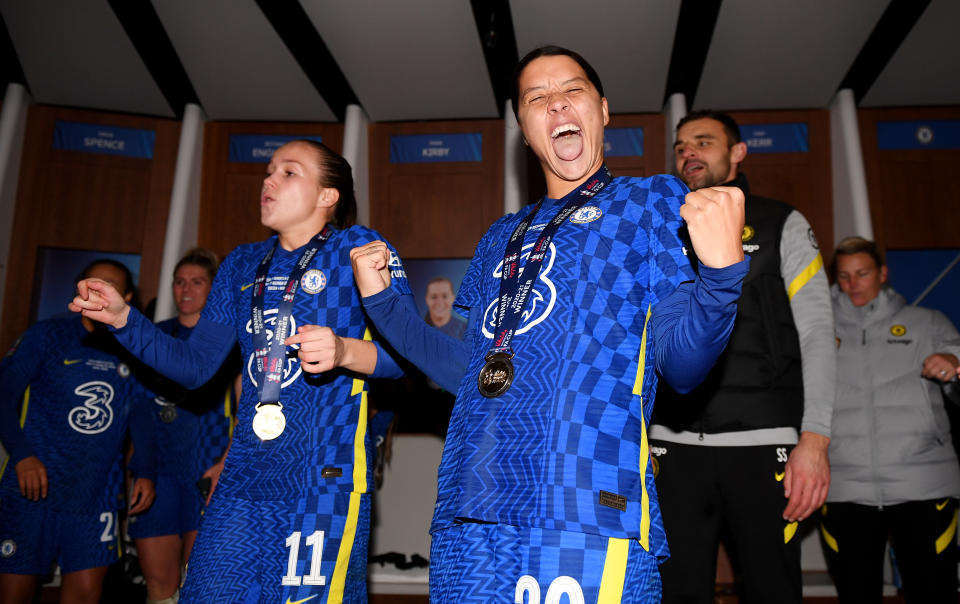 Pictured here, Sam Kerr celebrates after her Chelsea side won the Women&#39;s FA Cup.