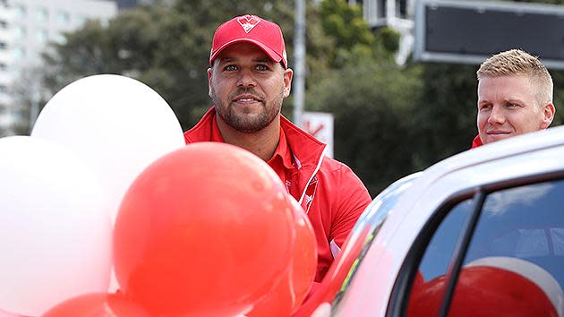 Sydney Swans star Lance Franklin laps up yet another grand final parade. Pic: Getty