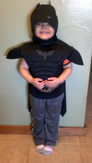 This undated image released by Make-A-Wish Greater Bay Area, shows five-year-old Miles Scott dressed as batman. With the help of the Make-A-Wish Foundation and the city of San Francisco, 5-year-old Miles Scott, aka Batkid, will rescue a woman from cable car tracks and capture the evil Riddler as he robs a downtown bank. Miles, who lives in Tulelake in far Northern California, was diagnosed with leukemia when he was 18 months old, ended treatments in June and is in remission. (AP Photo/Make-A-Wish Greater Bay Area)