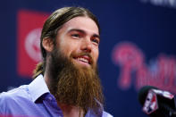 Philadelphia Phillies' Brandon Marsh speaks with members of the media during a baseball news conference, Thursday, Oct. 13, 2022, in Philadelphia, ahead of Game 3 of a National League Division Series against the Atlanta Braves. (AP Photo/Matt Rourke)
