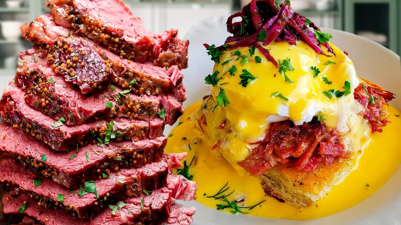 corned beef beside Irish eggs benedict