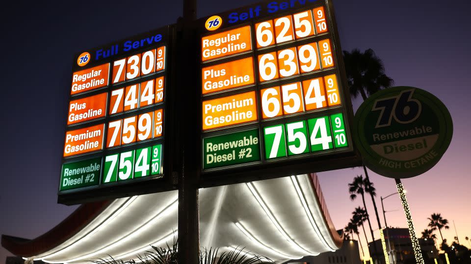 Gasoline prices for full serve and self serve are displayed at the Union 76 gas station ahead of the Labor Day weekend on August 28, 2023, in Beverly Hills, California. - Mario Tama/Getty Images