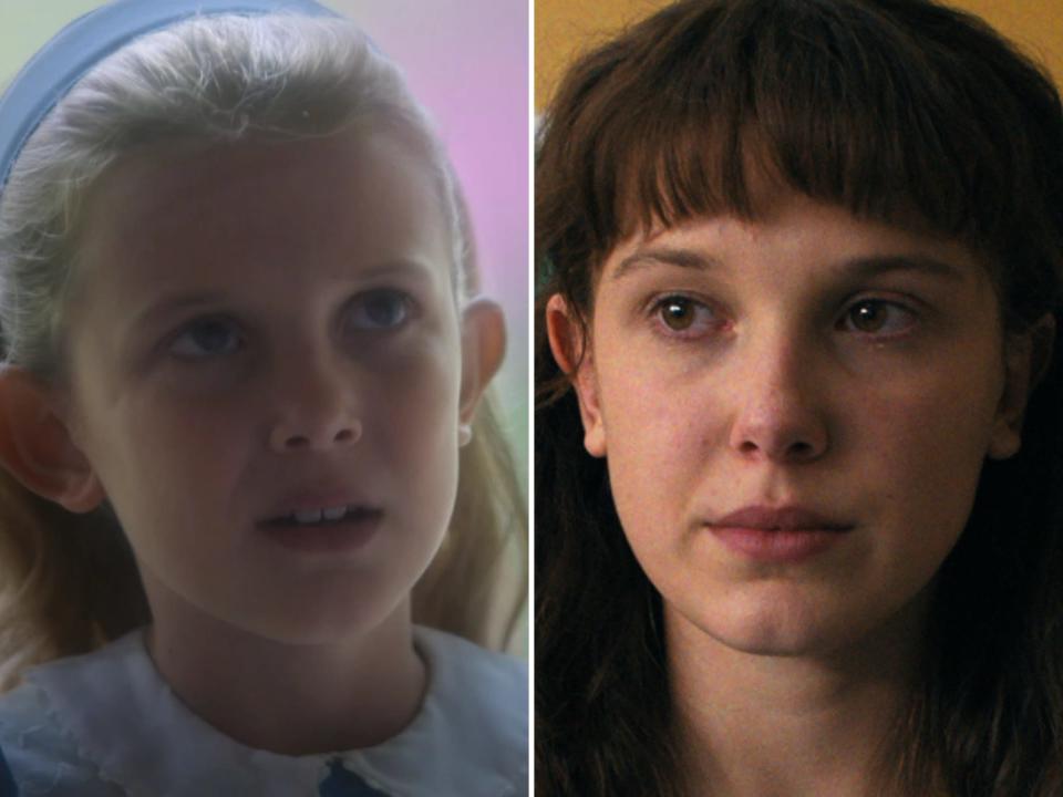 left: a young millie bobby brown with long blonde hair and a blue headband on once upon a time; right: an older teenage millie bobby brown with bangs and long hair on stranger things
