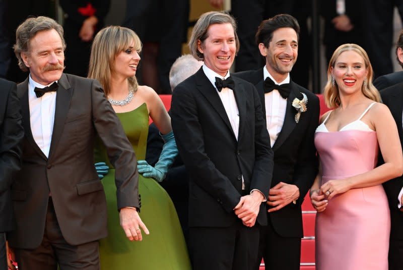 From left to right, Wes Anderson, Scarlett Johansson, Maya Hawke, Bryan Cranston and Adrien Brody attend the premiere of "Asteroid City" at the Cannes Film Festival on May 23. File Photo by Rune Hellestad/ UPI