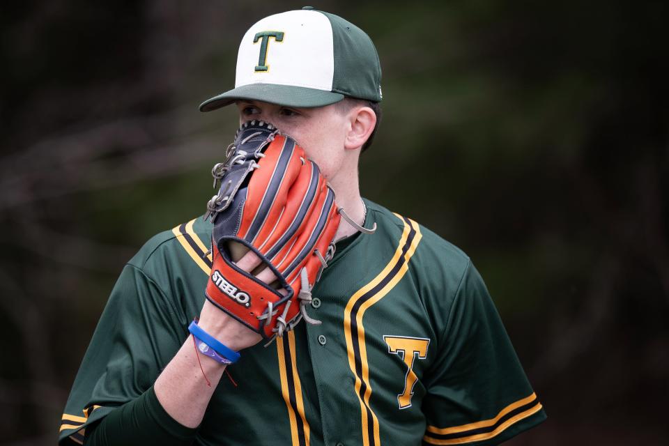 Tantasqua's Miles Blake goes through his routine before throwing in warmups.