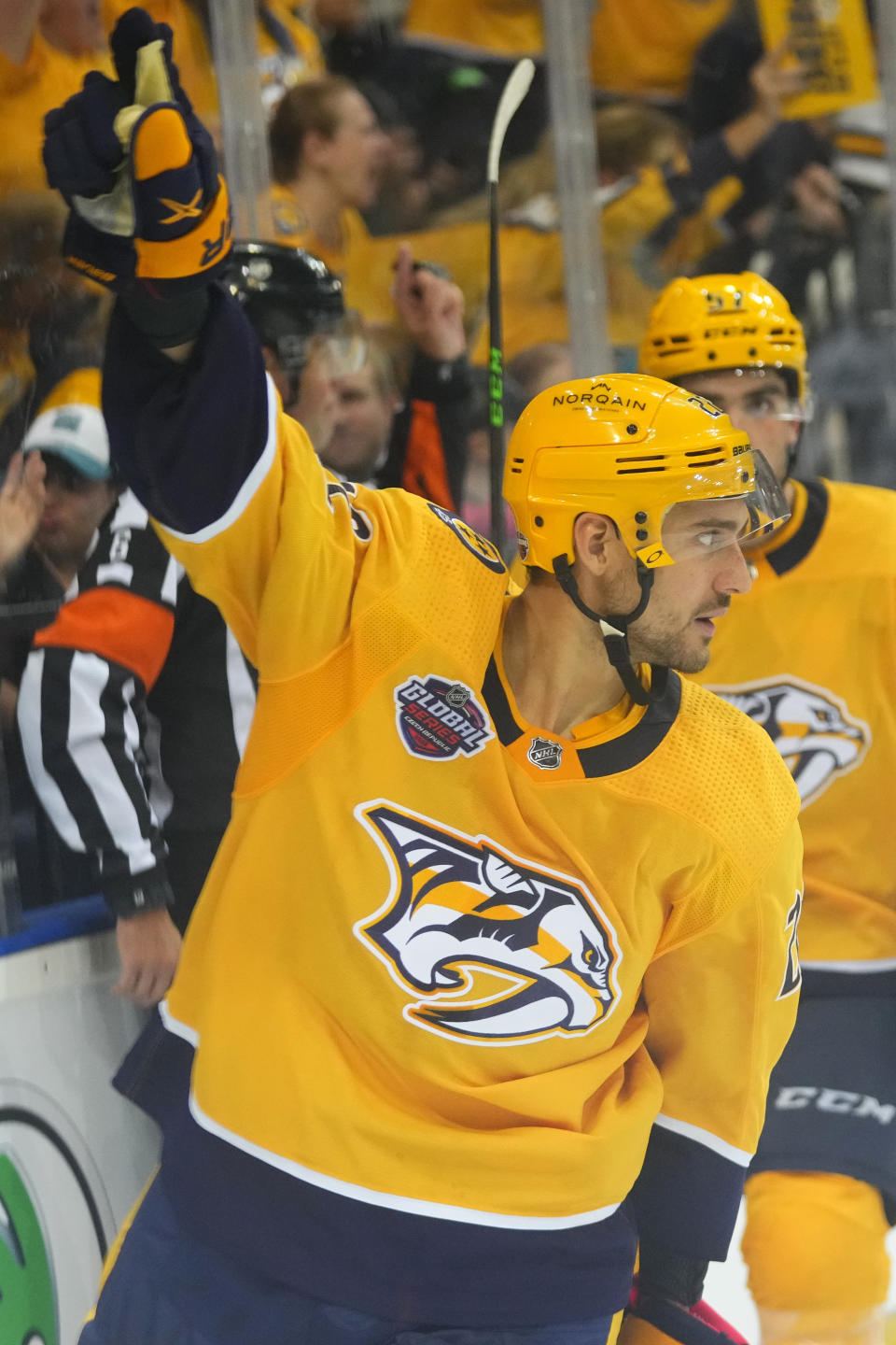 Nashville's Nino Niederreiter celebrates after scoring his sides third goal during the NHL hockey game between San Jose Sharks and Nashville Predators played in Prague, Czech Republic, Friday, Oct. 7, 2022. (AP Photo/Petr David Josek)