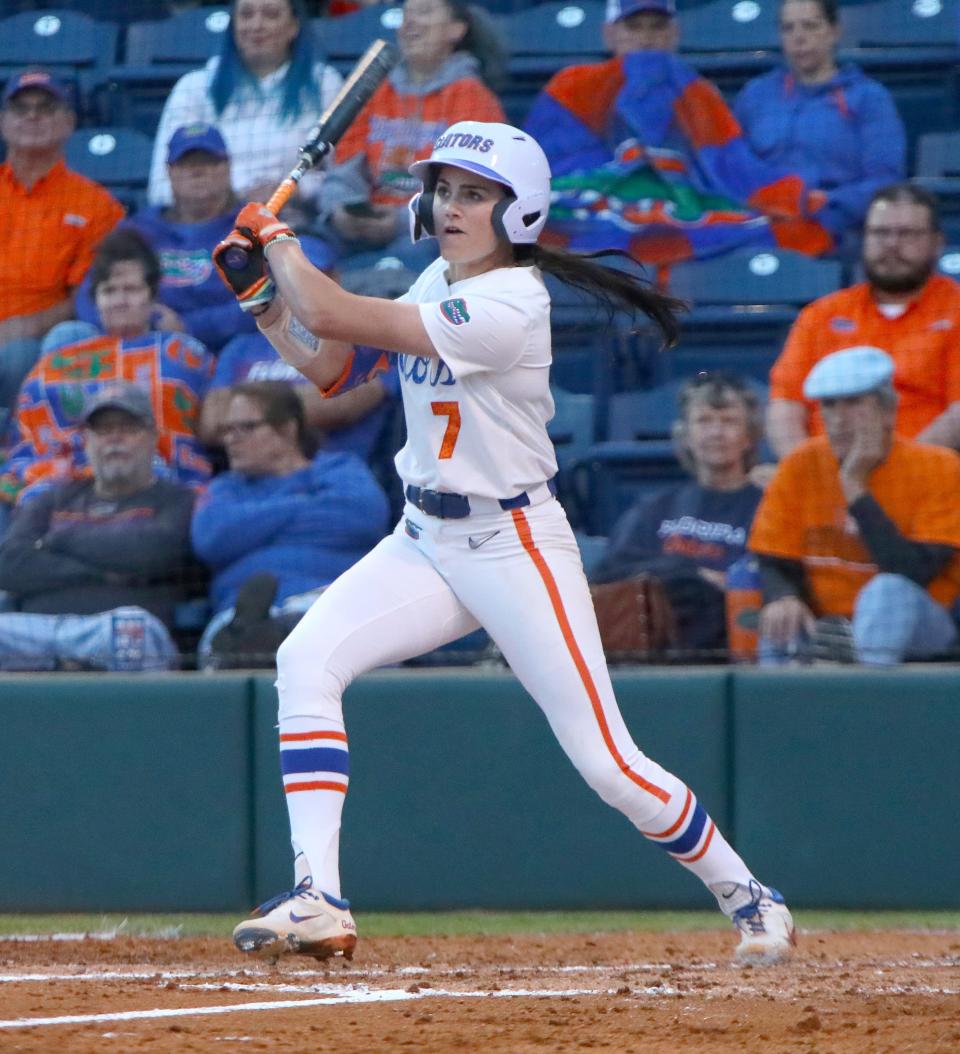 University of Florida's Avery Goelz (7) at bat against Mississippi State in the rubber match game of the weekend series, at Katie Seashole Pressly Stadium, Gainesville, March 14, 2022. The Gators beat the Bulldogs. [Brad McClenny/The Gainesville Sun]