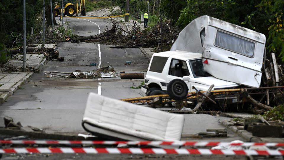 The wreckage of a car and a caravan in Tsarevo, Bulgaria, on September 6, 2023 after floods along the Black sea coast.  - Nikolay Doychinov/AFP/Getty Images