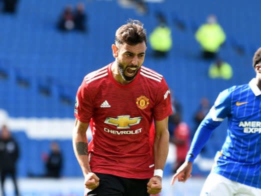 Bruno Fernandes celebrates his winner for Manchester United (Getty)