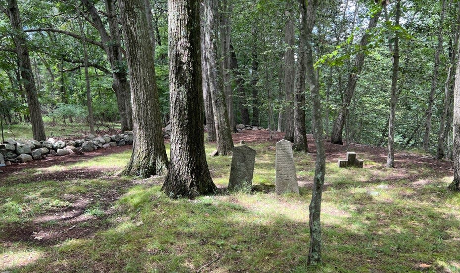 The cemetery on property owned at the time by the Hopper Family includes separate burial sites for the family and its slaves. Family gravestones are engraved, while slave sites were marked with plain stones, or no marker at all.