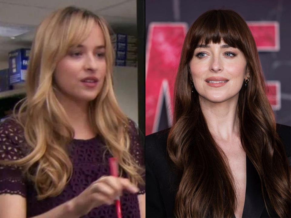 Left: Dakota Johnson on the series finale of "The Office." Right: Johnson at a photo call for "Madame Web" in 2024.