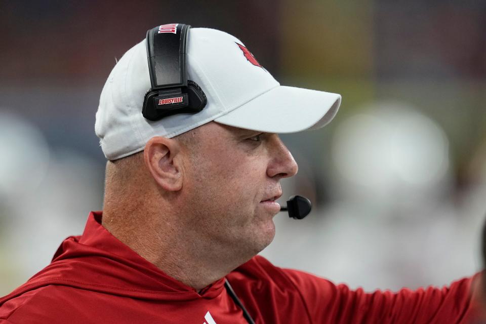 Louisville head coach Jeff Brohm watches during the second half of an NCAA college football game against Indiana, Saturday, Sept. 16, 2023, in Indianapolis.