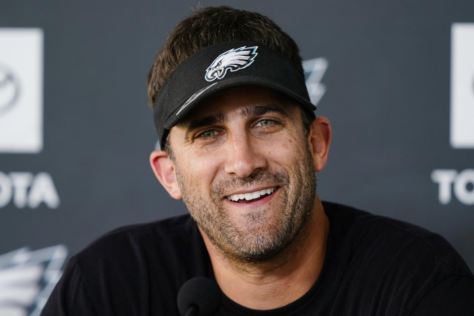 Philadelphia Eagles head coach Nick Sirianni speaks during a news conference at the NFL football team's training facility, Friday, Oct. 8, 2021, in Philadelphia. (AP Photo/Matt Rourke)