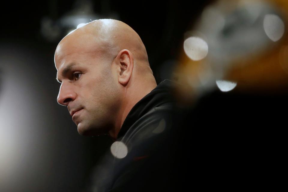 San Francisco 49ers defensive coordinator Robert Saleh speaks at a news conference at the team's NFL football training facility in Santa Clara, Calif., Thursday, Jan. 16, 2020. The 49ers are scheduled to host the Green Bay Packers in the NFC Championship game Sunday.