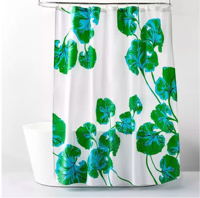 A geranium-print shower curtain