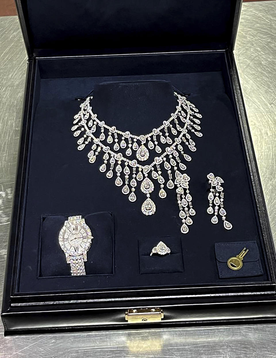 This photo provided by Brazil’s Federal Revenue Department shows jewelry seized by customs authorities at Guarulhos International Airport in Sao Paulo, Brazil, the week of March 24, 2023. The jewelry is part of an investigation into gifts received by former Brazilian President Jail Bolsonaro during his presidency. (Brazil's Federal Revenue Department via AP)