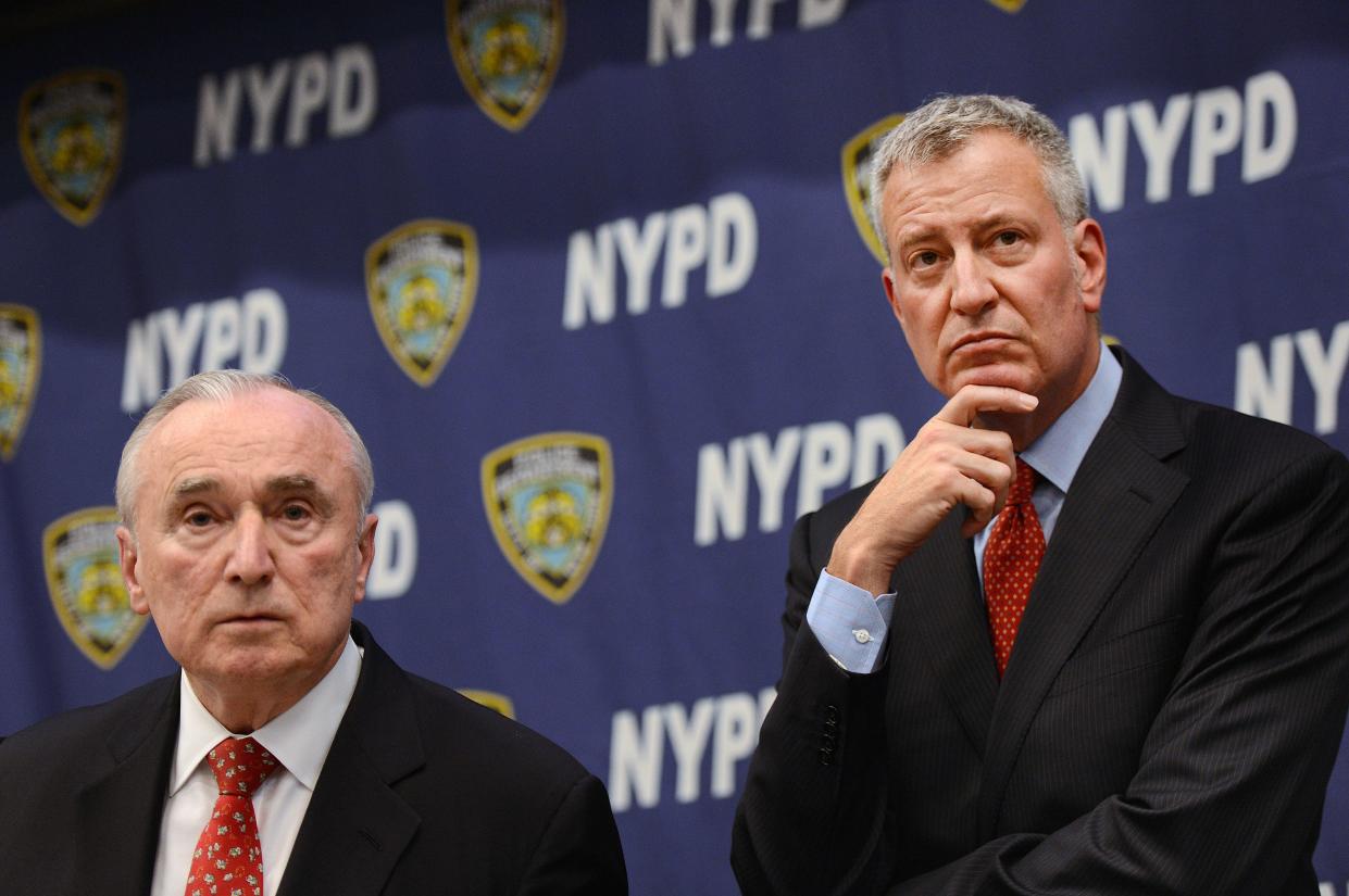 Mayor Bill de Blasio, right, joins Police Commissioner Bill Bratton at Police Headquarters on Monday, April 4, 2016. 