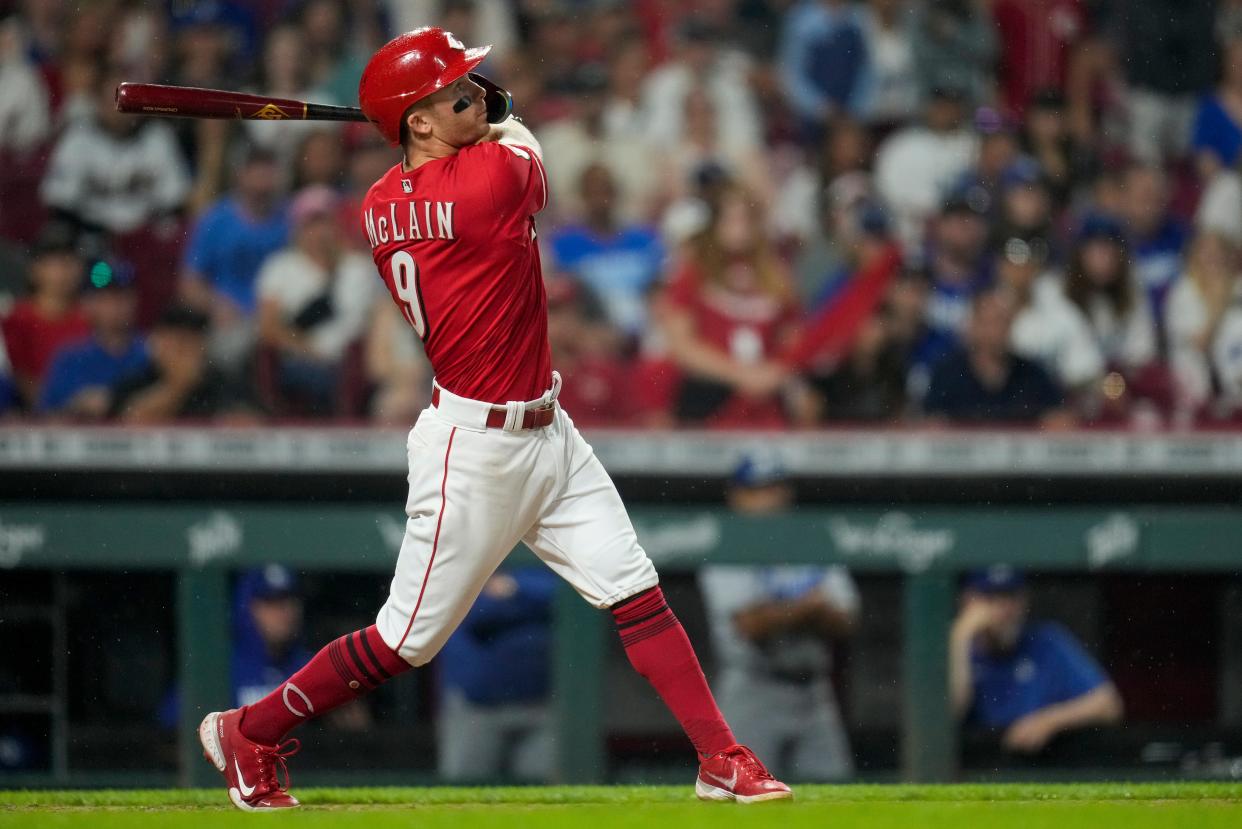 Matt McLain, here shown hitting a walk-off single against the Dodgers last June at Great American Ball Park, hit .290 with 16 home runs in 89 games as a rookie last season.