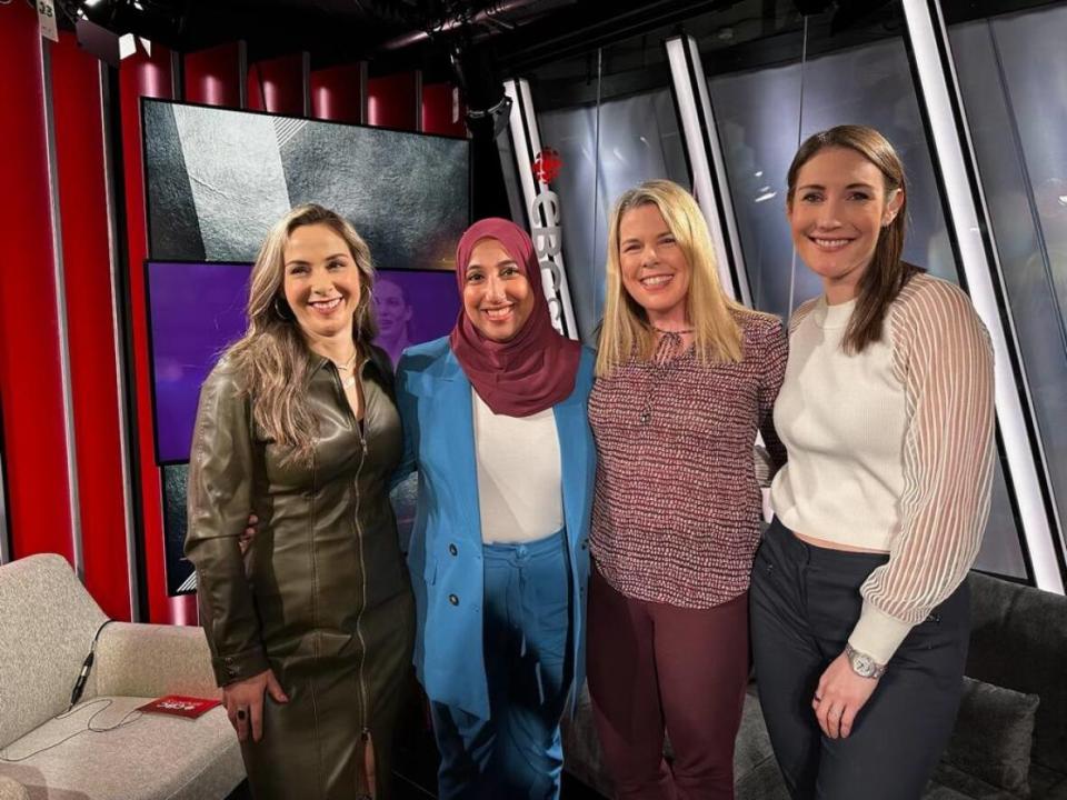 L to R: CBC's Andi Petrillo, Shireen Ahmed, Signa Butler, Anastasia Bucsis shared their experiences in sports media in a wide-ranging discussion. (Monika Platek/CBC Sports - image credit)