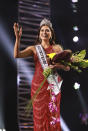 This image released by Miss Universe Organization shows Miss Universe Mexico 2020 Andrea Meza who was crowned Miss Universe at the 69th Miss Universe Competition at the Seminole Hard Rock Hotel & Casino in Hollywood, Fla. on Sunday, May 16, 2021. (Tracy Nguyen/Miss Universe via AP)