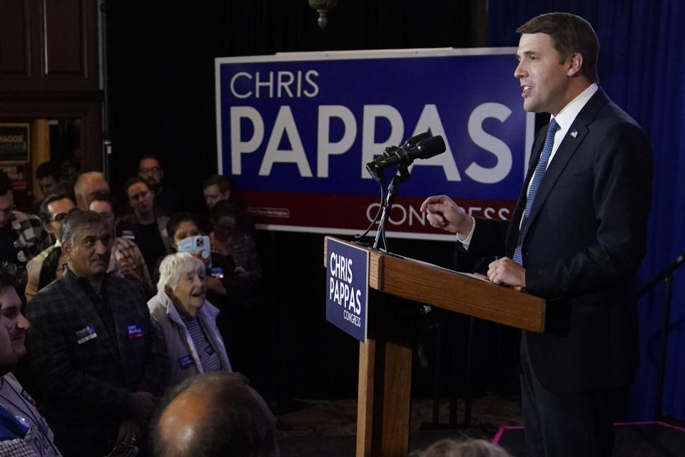 Rep. Chris Pappas, D-N.H., addresses supporters at an election night gathering, Tuesday, Nov. 8, 2022, in Manchester, N.H. Pappas faced Republican Karoline Leavitt in his re-election race. (AP Photo/Charles Krupa)