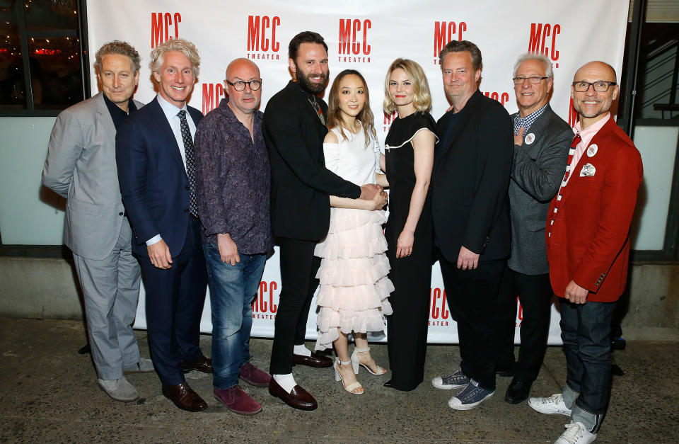 NEW YORK, NY - JUNE 05: Bernard Telsey, Blake West, Lindsay Posner, Quincy Dunn-Baker, Sue Jean Kim, Jennifer Morrison, Matthew Perry, Robert LuPone and William Cantler attend The End Of Longing