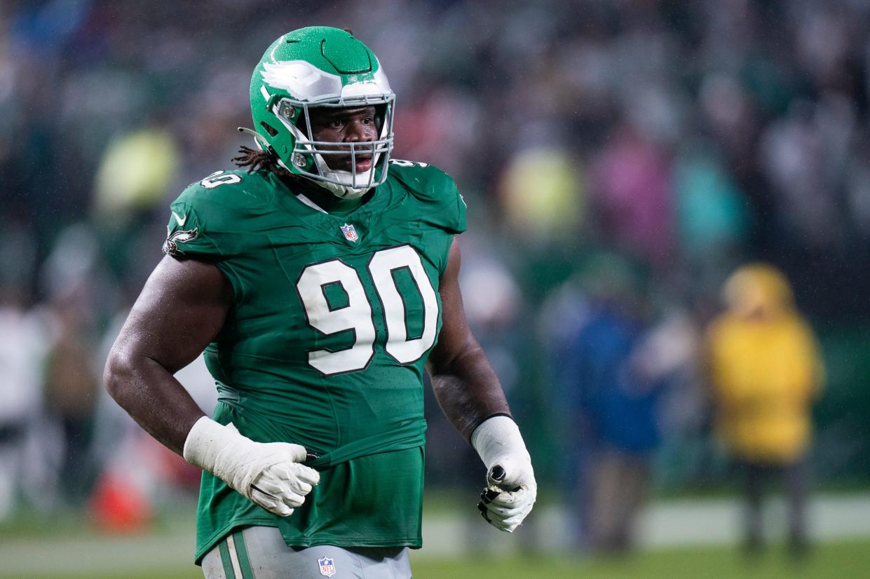 Philadelphia Eagles defensive tackle Jordan Davis (90) looks on during the NFL football game against the Buffalo Bills, Sunday, Nov. 26, 2023, in Philadelphia.