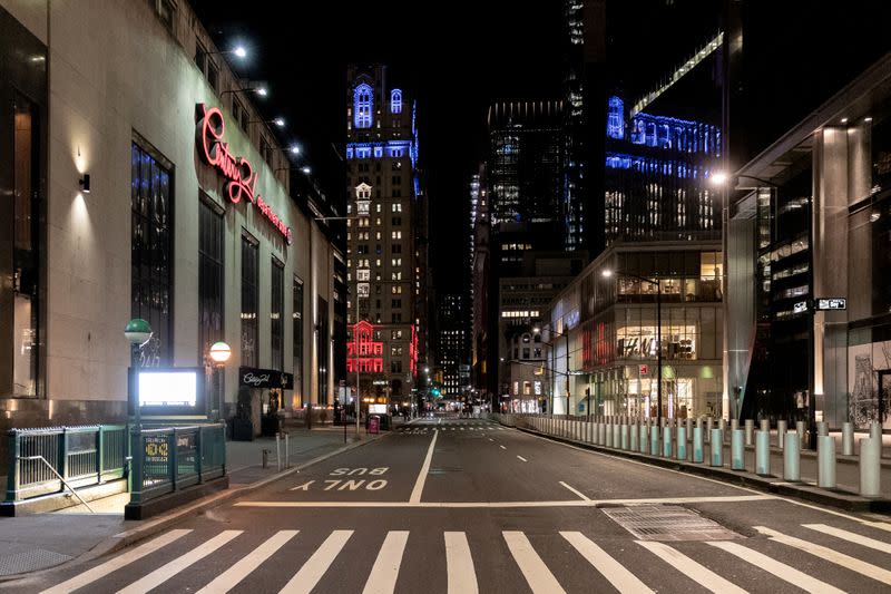 An empty street is seen near Wall street during the outbreak of the coronavirus disease (COVID-19) in Manhattan