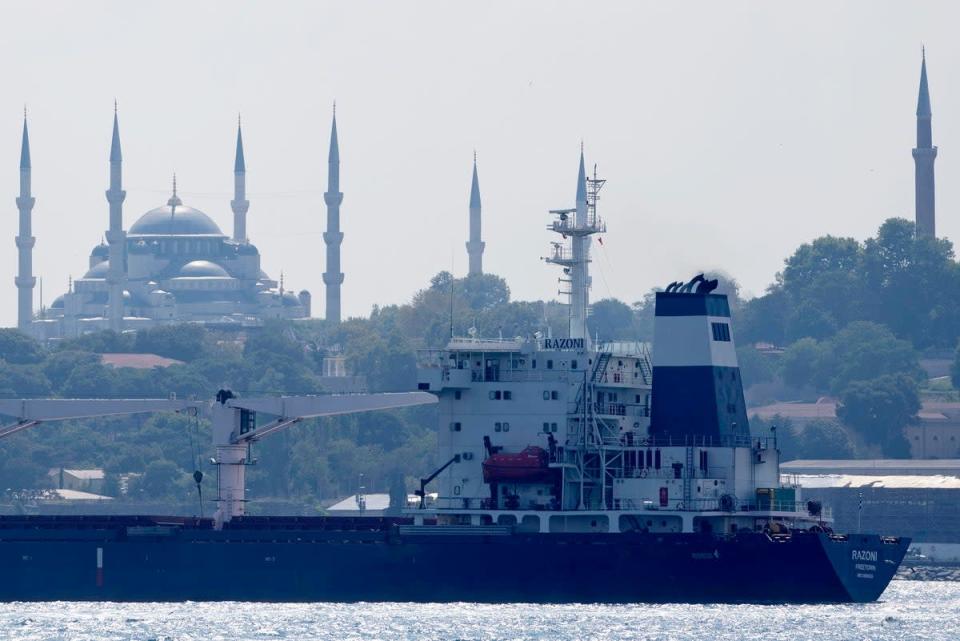 The cargo ship Razoni crosses the Bosphorus Strait in Istanbul, Turkey, Wednesday, Aug. 3, 2022 (Khalil Hamra/AP/PA) (AP)