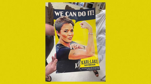 A campaign sign featuring Kari Lake as World War II icon Rosie the Riveter. (Photo: Liz Skalka/HuffPost)