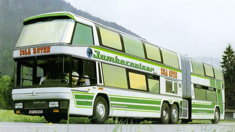 A photo of a Neoplan Jumbocruiser double decker bus. 