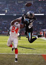 Carolina Panthers cornerback Donte Jackson (26) breaks up a pass intended for Cleveland Browns running back Nick Chubb (24) in the end zone during the first half of an NFL football game, Sunday, Dec. 9, 2018, in Cleveland. (AP Photo/Ron Schwane)