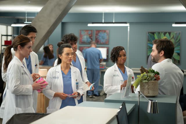 <p>Disney/Anne Marie Fox</p> Adelaide Kane, Harry Shum Jr., Midori Francis, Alexis Floryd and Jake Borelli on "Grey's Anatomy"