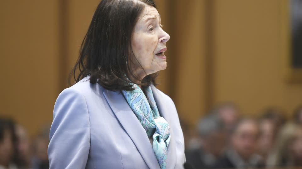 Jennifer Dulos' mother, Gloria Farber, reads a victim's impact statement during the sentencing hearing for Michelle Troconis, in Connecticut Superior Court in Stamford, Conn., Friday, May 31, 2024. - Ned Gerard/Pool/Hearst Connecticut Media/AP