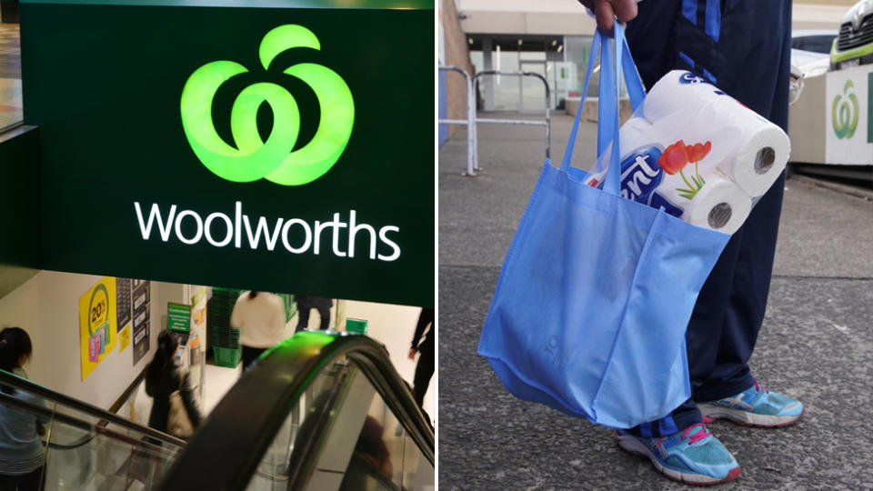 Pictured is a split photo (left) the front of a Woolworths supermarket and (right) a customer holding a reusable bag filled with toilet paper. 