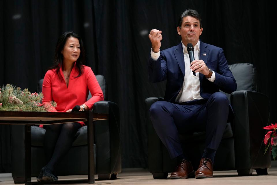 Republican presidential candidate businessman and pastor Ryan Binkley speaks during U.S. Rep. Randy Feenstra's, R-Iowa, Faith and Family with the Feenstras event, Saturday, Dec. 9, 2023, in Sioux Center, Iowa.