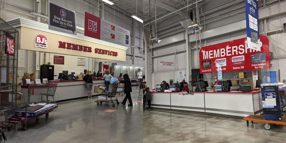 Membership areas with signs and desks at BJ's and Costco