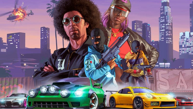 Characters from Grand Theft Auto hold guns behind tricked out cars.