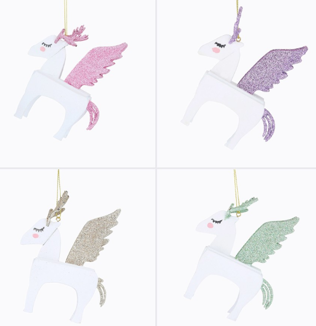These Christmas Simply Magic White Unicorn Decorations come in four colours and cost $5 from Big W. Photo: Big W.