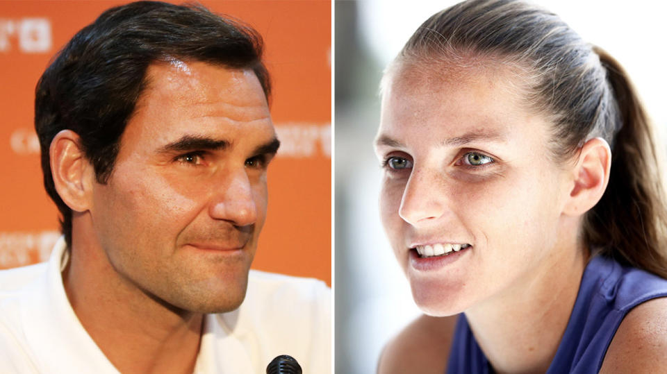 Karolina Pliskova (pictured right) smiling during an interview and Roger Federer (pictured left) answering questions.