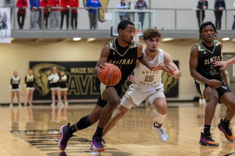 Andover Central’s Kobe Smith drives in a game earlier this season against Maize South. Both teams are in league title races this month.