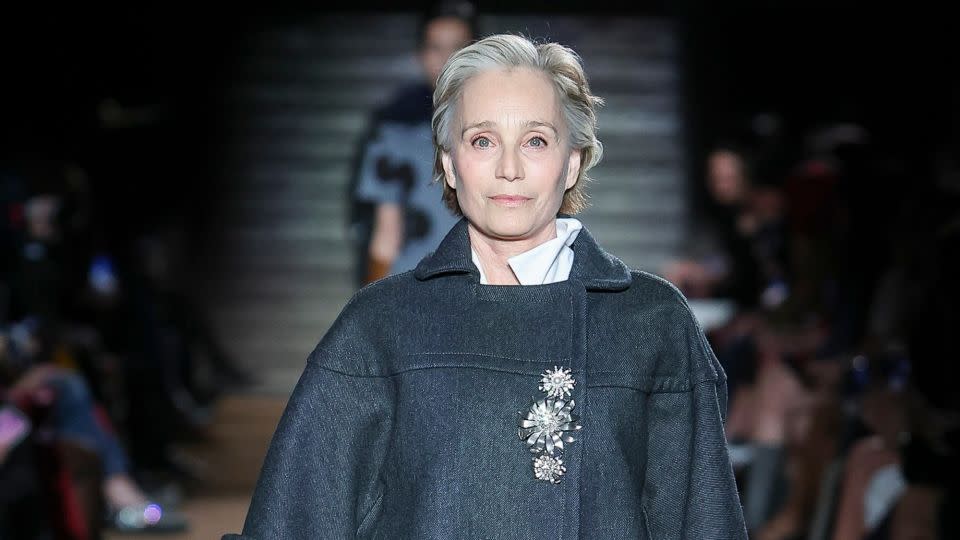 Actor Kristin Scott Thomas made a surprise appearance on the runway for Miu Miu. - Monic/Miu Miu