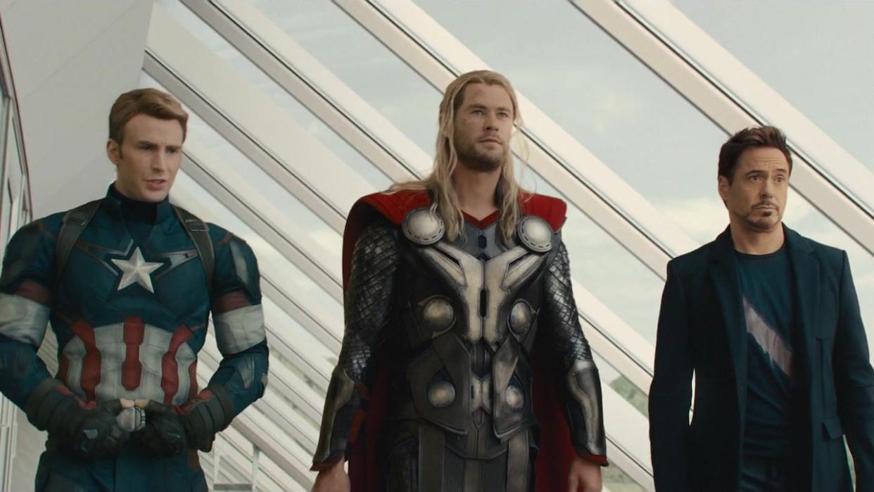  Captain America, Thor and Iron Man walking through Avengers HQ in Age of Ultron 