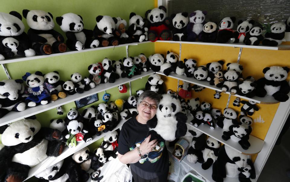 Celine Cornet holds a panda soft toy, part of a collection of 2,200 pieces of panda collectables, in her house in Haccourt